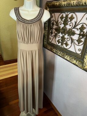 Haani Taupe Maxi Dress with Beaded Scoop Neck Sz M- classic beauty